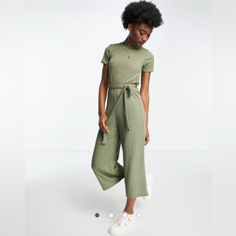 Miss Selfridge Tie Waist Ribbed Jumpsuit in Green